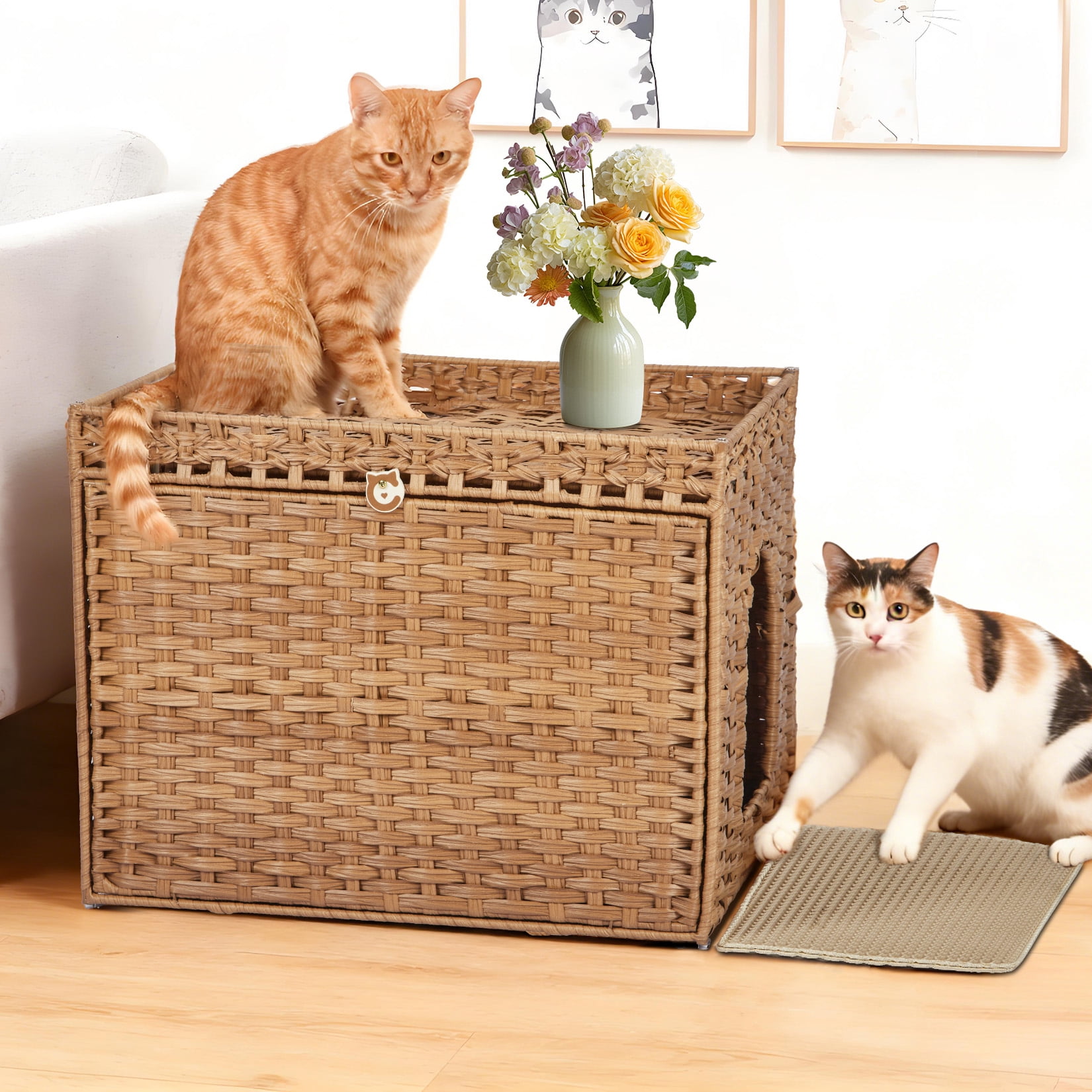 Handwoven Rattan Cat Litter Box Cabinet – Large Hidden Enclosure with Removable Mat and Fence – Stylish Boho Furniture, Easy to Clean, Covered Litterbox for Indoor Cats – Natural Color