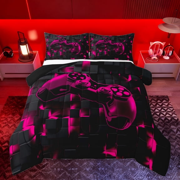 Homewish Deep Pink Gamepad Bedding Comforter Set for Kids, Fashion Square Honeycomb Twin Comforter Sets, Modern Video Game Lover Reversible Bedding Set, Super Cozy Room Decor, 2-Piece