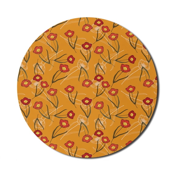 Botanical Mouse Pad for Computers, Continuous Peonies Pattern on Outline Drawings Designs Print, Round Non-Slip Thick Rubber Modern Gaming Mousepad, 8" Round, Orange Vermilion, by Ambesonne