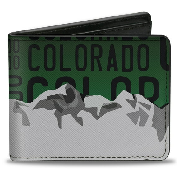 Buckle-Down Wallet, Bifold, Colorado Mountains Green Black Text Grays, Vegan Leather