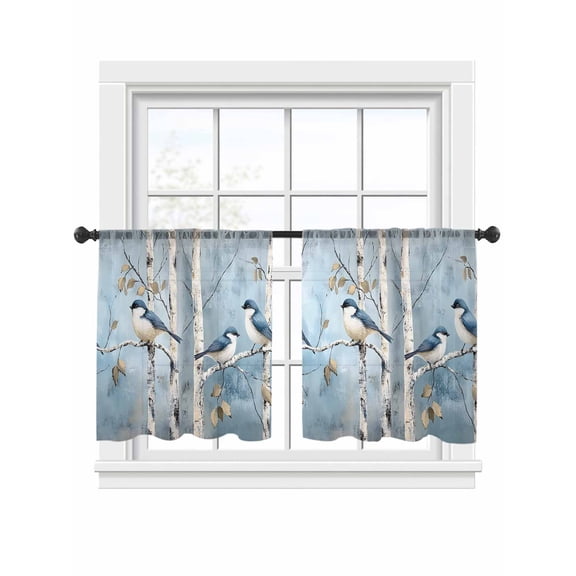 Spring Blue Bird Sheer Curtains 45 Inch Long 2 Panels, Oil Painting Tree Animal Light Filtering Rod Pocket Semi Sheer Curtains, Sheer Voile Drapes for Living Room Bedroom, 52"x45"