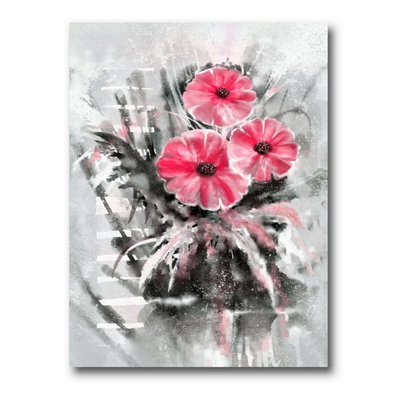 Abstract Red Flowers On Gray Background 12 in x 8 in Painting Canvas Art Print, by Designart