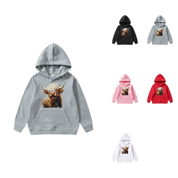 Girls Long Sleeve Cow Print Hooded Sweatshirt, Soft Casual Pullover with Front Pocket for Kids 5-14 Years