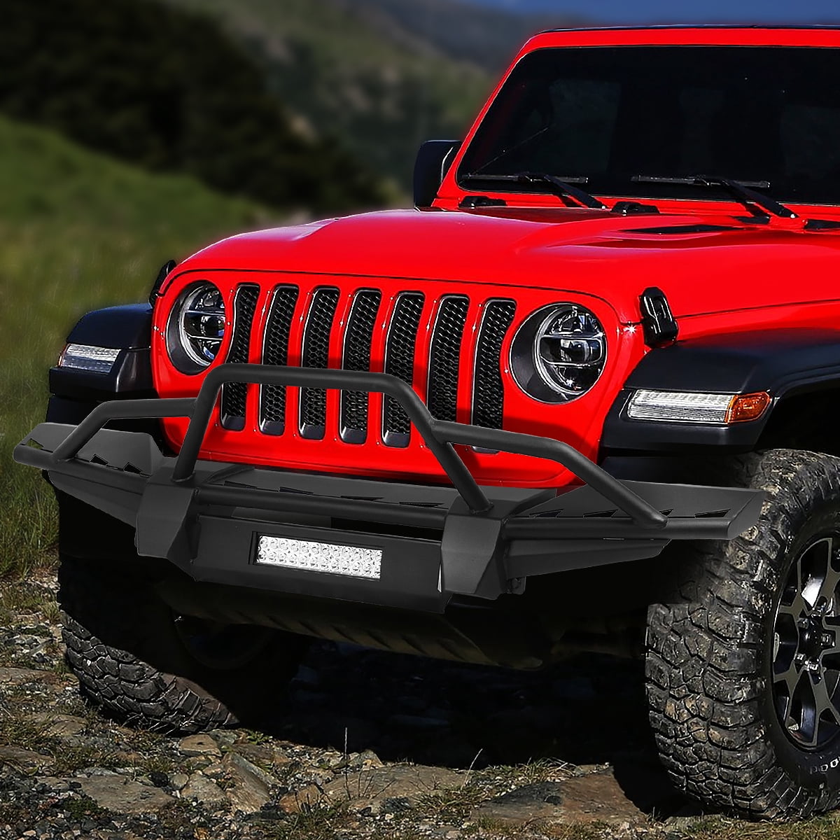 DNA Motoring FGBP-011 For 2018 to 2019 Jeep Wrangler JL Heavy Duty Steel Front Bumper w/ Brush Guard + LED Light Bar
