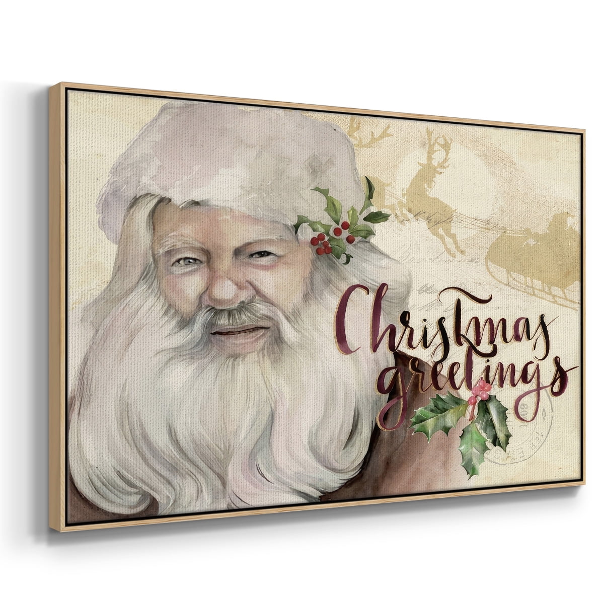 Christmas Greetings Collection A - Framed Gallery Wrapped Holiday Canvas - 17 x 25 - Natural Wood Frame