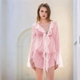 thumbnail image 6 of Women Ruffle Sheer Top Long Sleeve See Through Mesh Blouse Tops Oversized Flowy Chiffon Tunic Shirts Pink M, 6 of 7