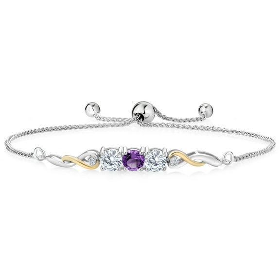 925 Sterling Silver and 10K Yellow Gold Purple Amethyst White Moissanite and White Lab Grown Diamond Tennis Bracelet for Women (1.50 Cttw, Gemstone February Birthstone, Fully Adjustable up to 9 inch)
