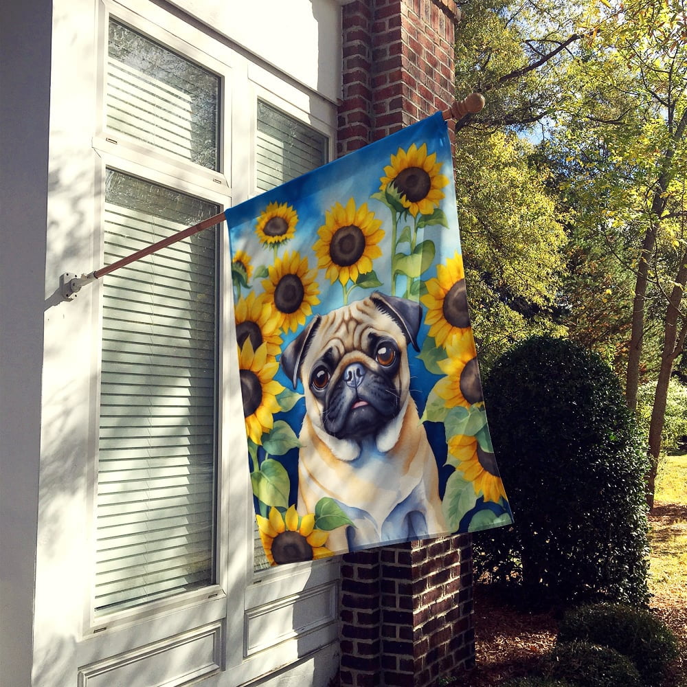 Caroline's Treasures DAC6145CHF Pug in Sunflowers House Flag Large Porch Sleeve Pole Decorative Outside Yard Banner Artwork Wall Hanging, Polyester, House Size, Multicolor