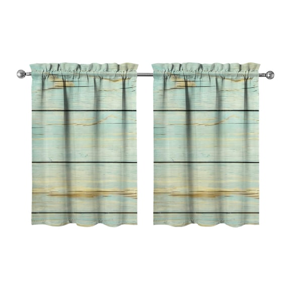 Vintage Vintage Teal Wood Grain Tier Cafe Curtains for Bathroom Living RV Rod Pocket Window Drapes 36 Inch 2 Panels Set 28"x36" 2 Panels Window Treatment Tiers