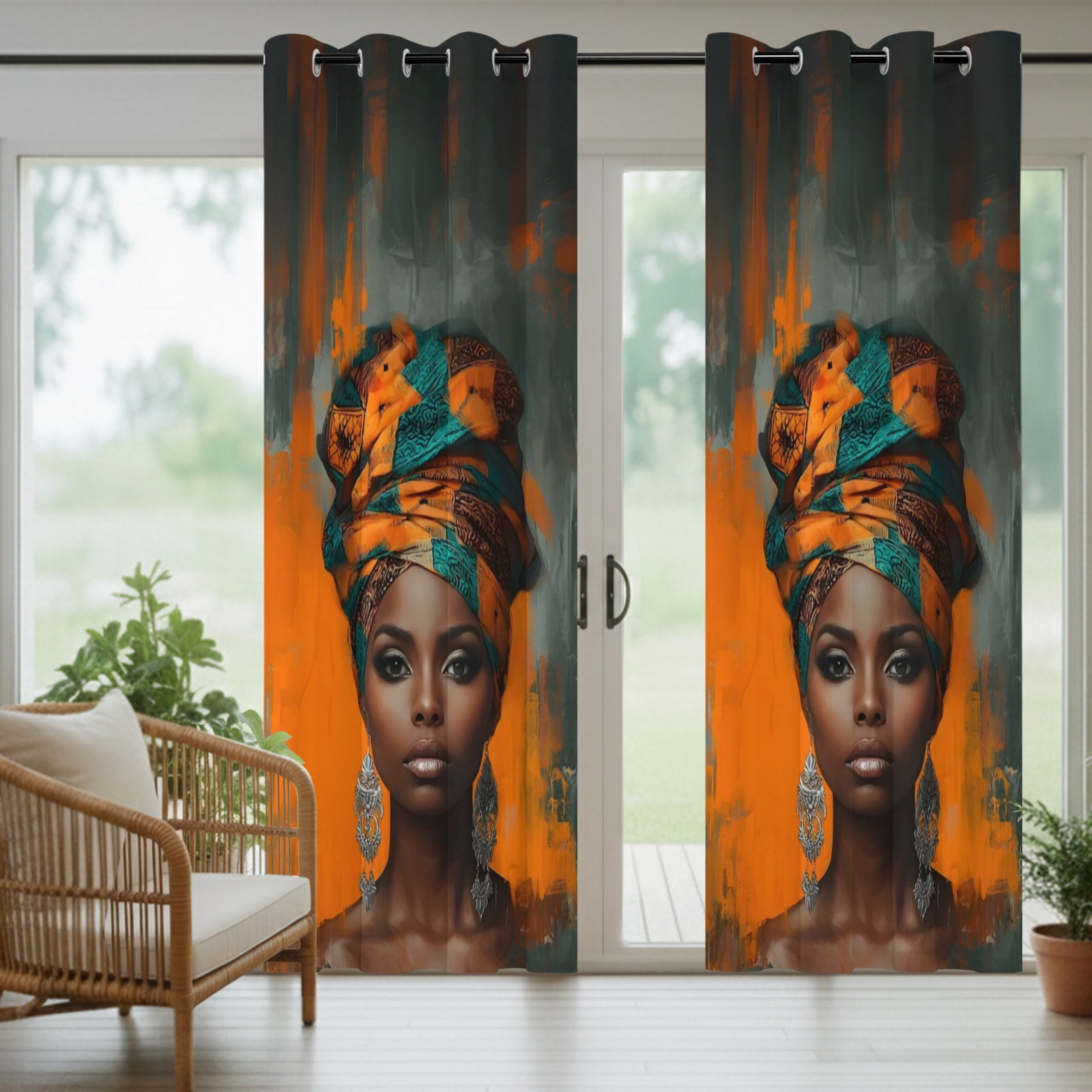 African Woman with Beauty Turban Outdoor Curtains for Patio, Portrait Orange Gray Graffiti Sunshade Privacy Drapes Grommet Waterproof Outside Curtains for Porch/Cabana/Balcony 54"x 108", 1 Panel