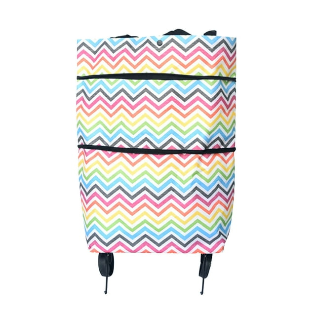 Foldable Reusable Grocery Bags Designs Eco-Friendly Geometry Patterns Pack Water Resistant Machine Washable Shopping Bag with Wheels (Color Strip)