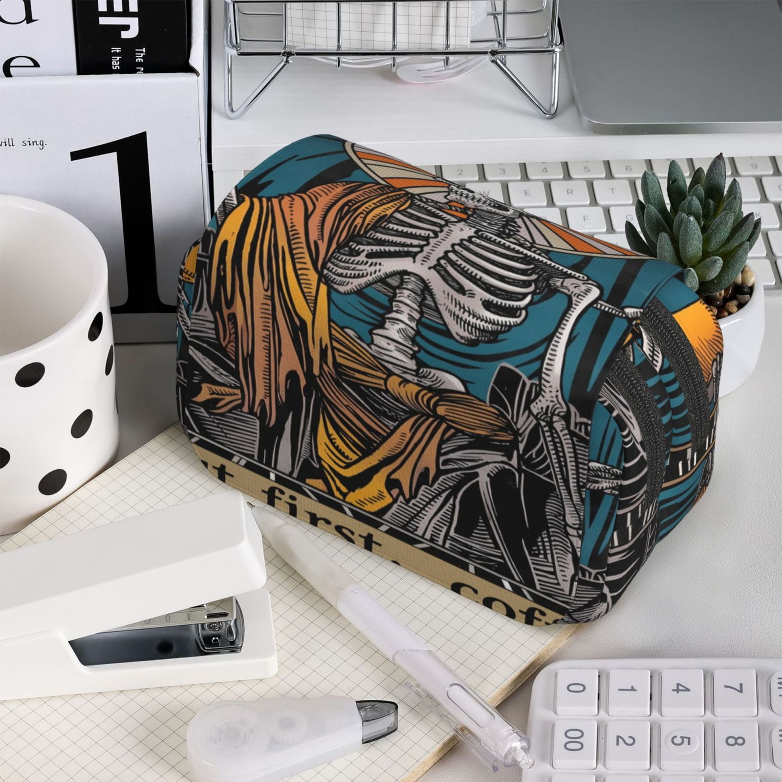 Rateoe Coffee-Drinking Skull Pattern Double Clamshell Pen Case, Storage Organizer with Two Zipper Compartments– Holds Up to 50 Pencils & Pens