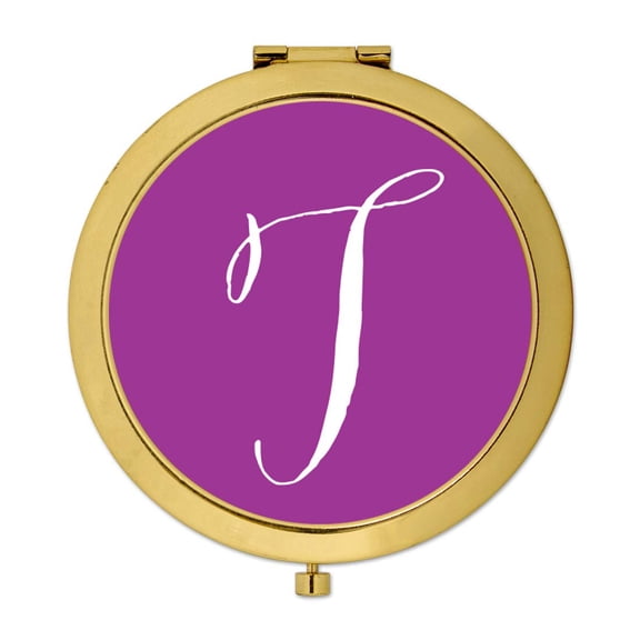Koyal Wholesale Gold Compact Mirror Bridesmaid's Wedding Gift, Plum Purple, Monogram Letter T, 1-Pack