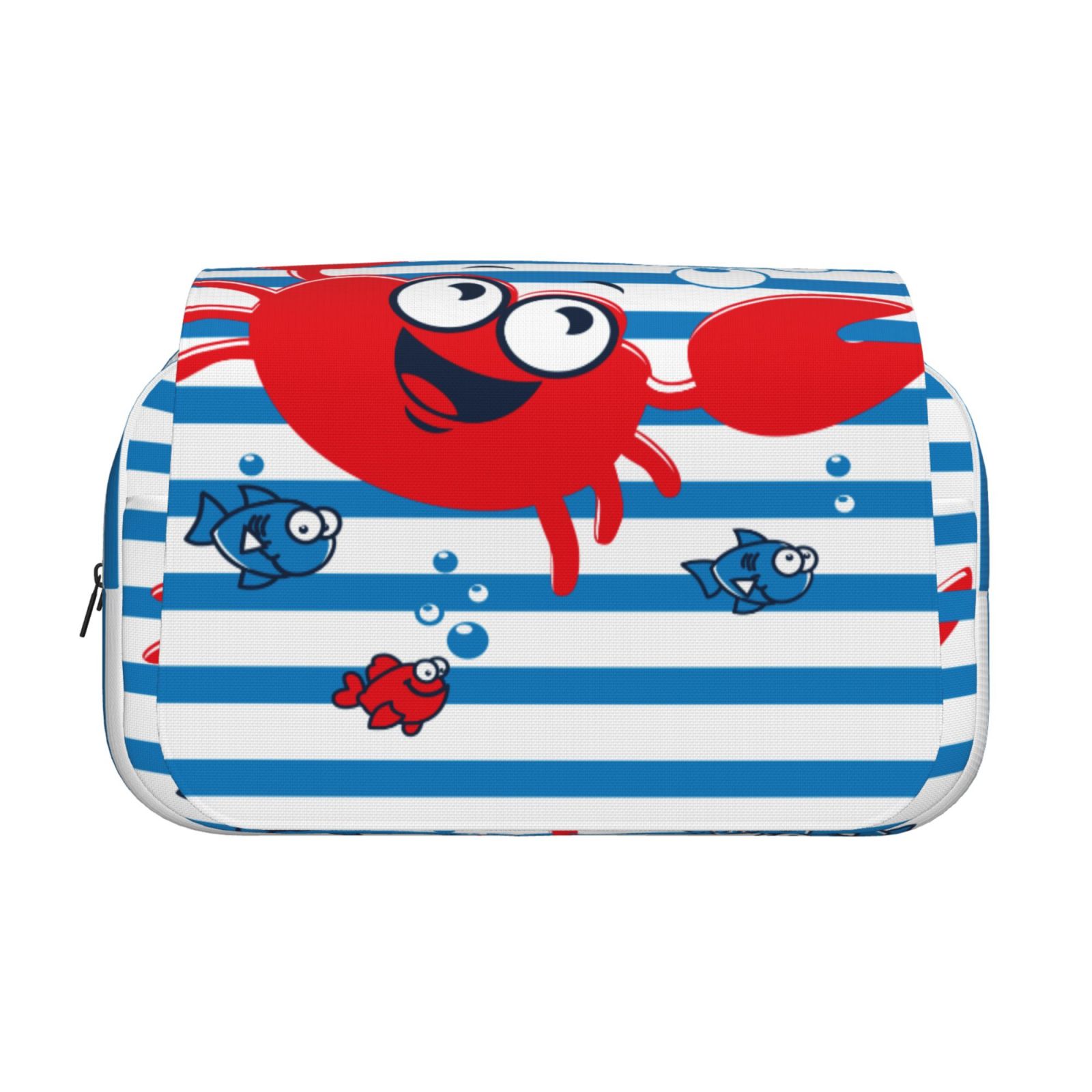 Rateoe Red Funny Crab on Blue Stripe Pattern Double Clamshell Pen Case, Storage Organizer with Two Zipper Compartments– Holds Up to 50 Pencils & Pens