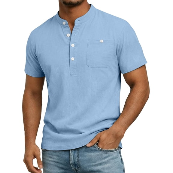 Ohufall Henry T-Shirt for Men Button Short Sleeve T Shirts with Pocket Solid Color Casual Tops