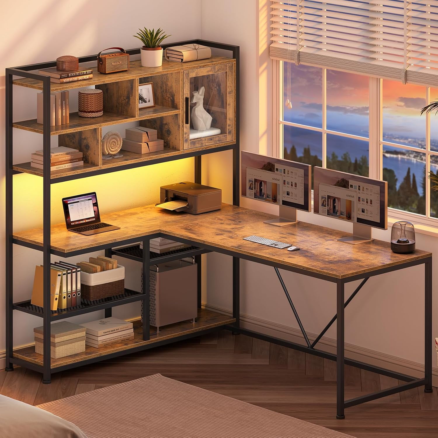 L-Shaped Desk with LED Lights & Hutch, Reversible Corner Computer Desk with Storage Shelves & Glass Cabinet, Writing Desk for Home Study, Rustic Brown
