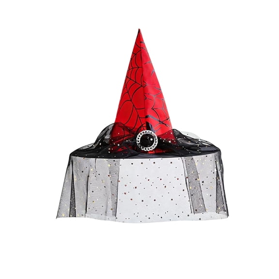 Halloween Adult Women Witch Hat, Pointed Hat Decorated with Spider Web Tulle and Rhinestone Ring, Costume Accessory Ideal for Halloween Party Outfits, Cosplay
