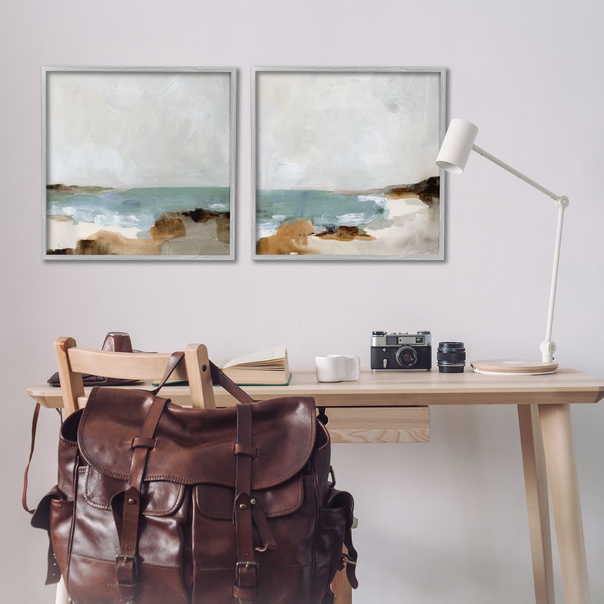 Stupell Industries Abstract Beach Cove Landscape Cliffs Nature Painting Gray Framed Art Print Wall Art, 24 x 24, Set of 2