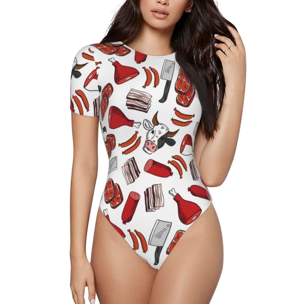 Balery Red Food Body de cuello redondo de manga corta para mujer Tops de manga corta Tops básicos-Medium