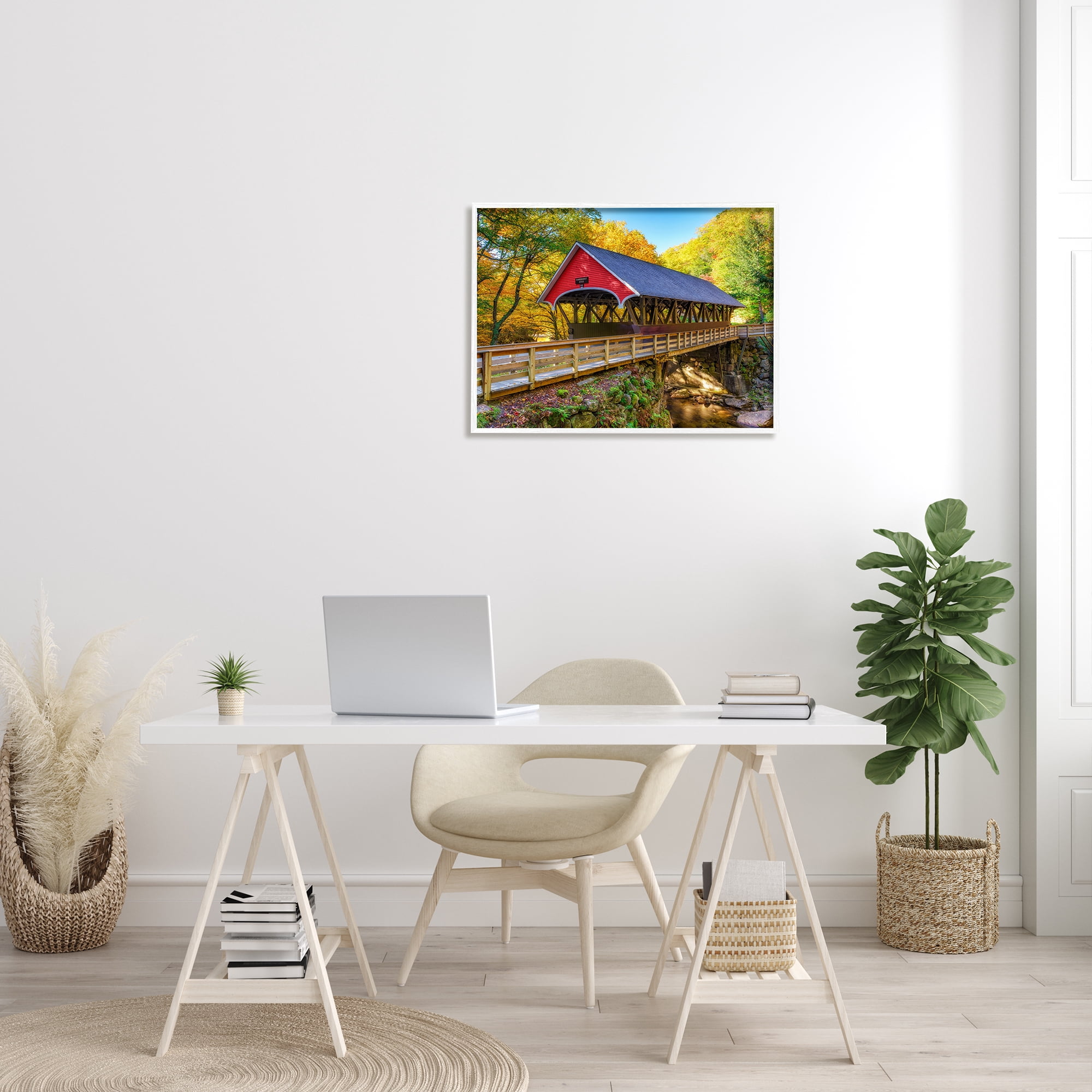 Stupell Red Covered Bridge Woodland Creek Landscape Photography White Framed Art Print Wall Art