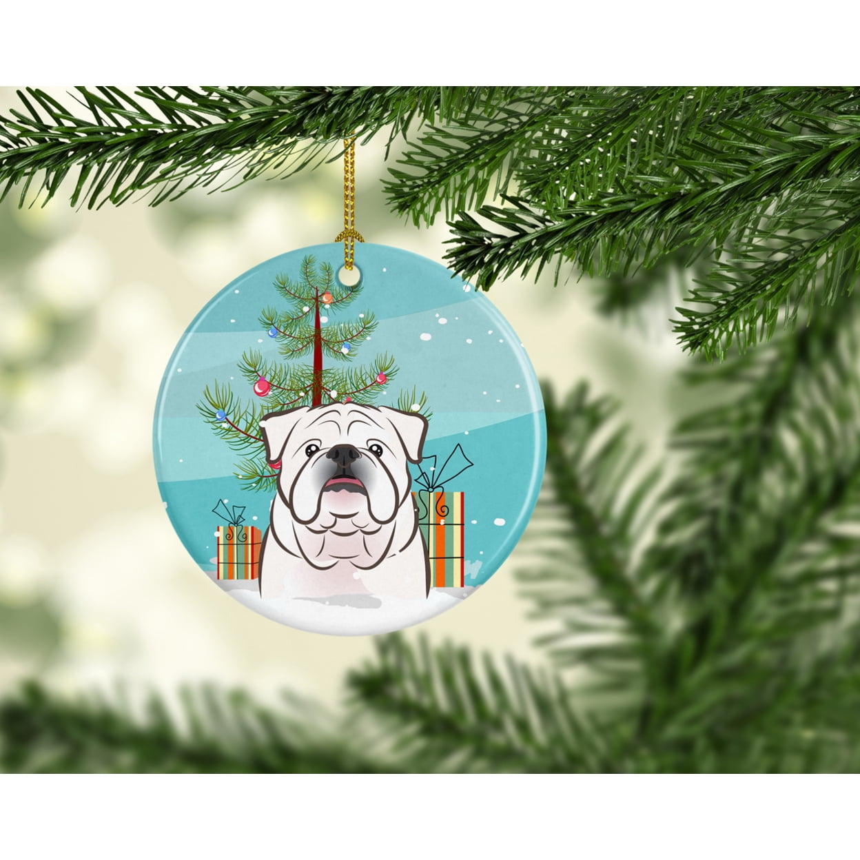 Carolines Treasures BB1592CO1 Christmas Tree and White English Bulldog  Ceramic Ornament 3 in multicolor