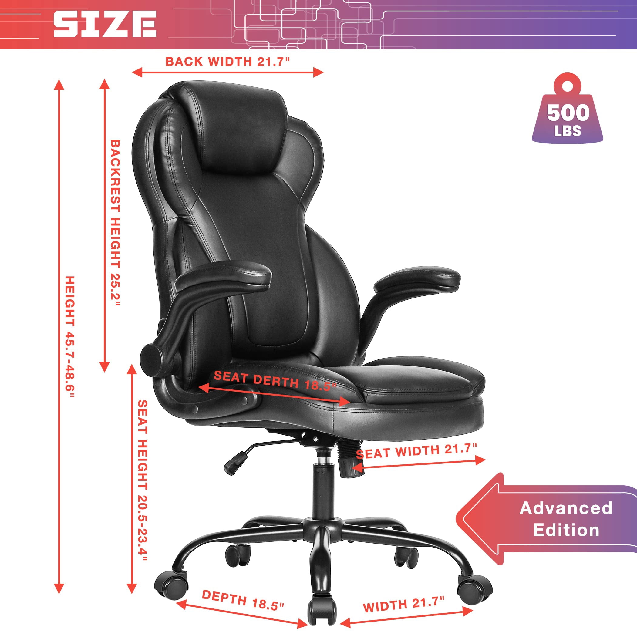 JONPONY 500lbs Big and Tall Office Chair Capacity, Ergonomic PU Leather High Back Executive Office Chair with Tilt, Rock Tension Adjustment, Extra Wide Seat, Padded Armrests, Black