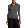 thumbnail image 2 of ClodeEU Women's Collared V Neck Ribbed Long Sleeve Sweater,Casual Slim Fit Knit Pullover Top Gray,Women's Plus M, 2 of 6