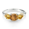 thumbnail image 2 of Gem Stone King 925 Sterling Silver and 10K Yellow Gold Brown Tiger Eye and Yellow Citrine 3 Stone Engagement Ring for Women (1.60 Cttw, Cushion Cut 6MM and 4MM, Available in Size 5, 6, 7, 8, 9), 2 of 4