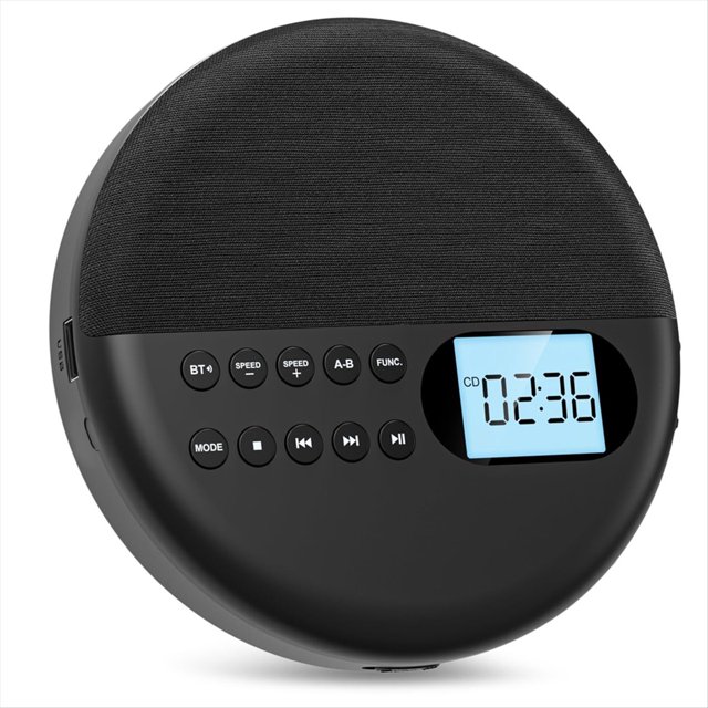 reproductor de cd portátil, reproductor de cd bluetooth con altavoces reproductor de cd recargable pantalla lcd asp con cable auxiliar para coche Reproductor de CD portátil negro, vista frontal centrada con silueta circular, panel superior de altavoz texturizado, pantalla LCD azul que muestra 02:36, fila de botones frontales (BT, speed, A‑B, func, mode y controles de reproducción), puerto lateral y carcasa de plástico mate; transmisor/receptor Bluetooth integrado, entrada auxiliar y batería recargable; a menudo usado como altavoz portátil para audio de teléfono en viajes.