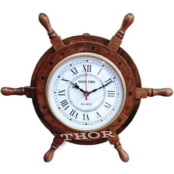 Ship's Time Brown Nautical Wooden Ships Wheel Clock Home Decor 14"