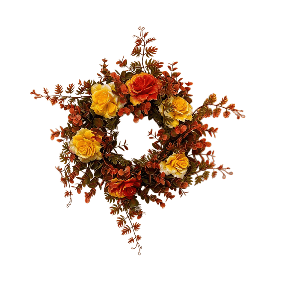 Artificial Fall Rose Wreath for Front Door Thanksgiving Orange Floral Decoration for Home Porch Wall Mantel 14 Inch