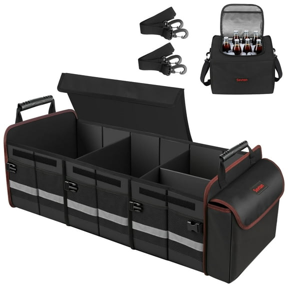 Siivton Trunk Organizer 110L, Sturdy Foldable with Cooler for Car & SUV, 3 Compartments, Black