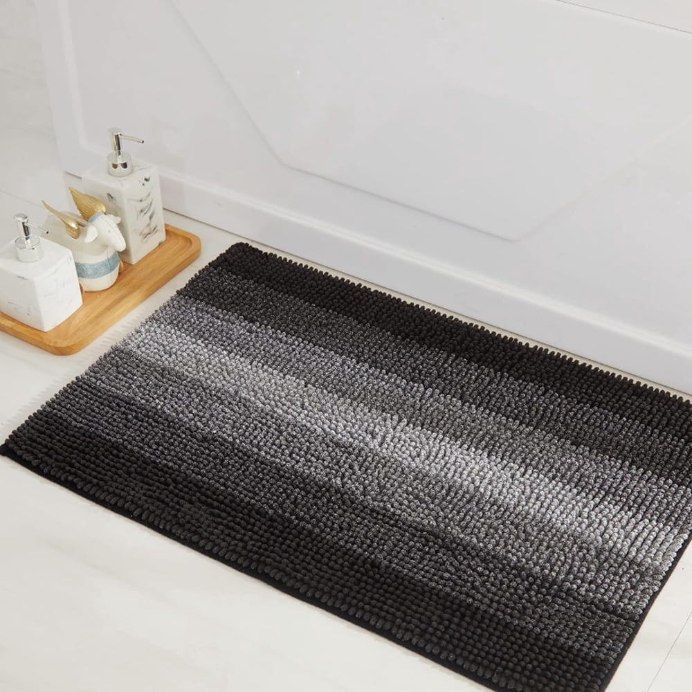 FUDAKUNA Fluffy Chenille Bathroom Rugs Anti-slip Absorbent Gradient Black Gray Stripes 19.6" x 31.5" Bath Mat Machine Washable