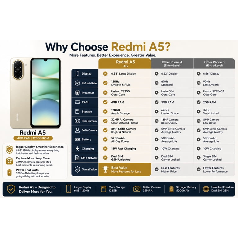 Xiaomi Redmi A5 4G 128GB ROM 4GB RAM Dual SIM GSM Unlocked - Gold