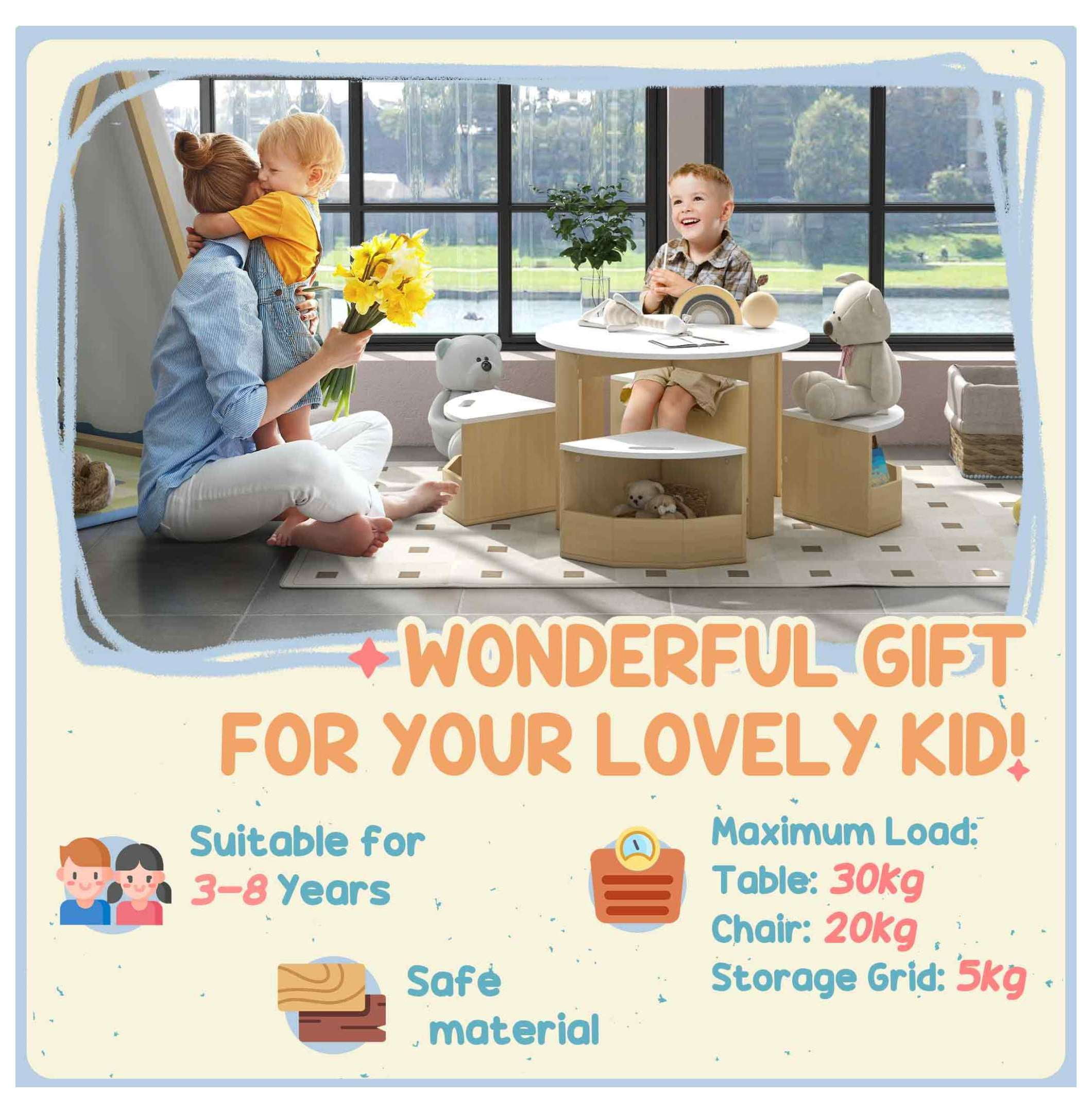 Qaba Kids Table and Chairs Set, 5 Piece Toddler Table and Chairs Set with Storage for Art, , Drawing, Playroom, Classroom, , White