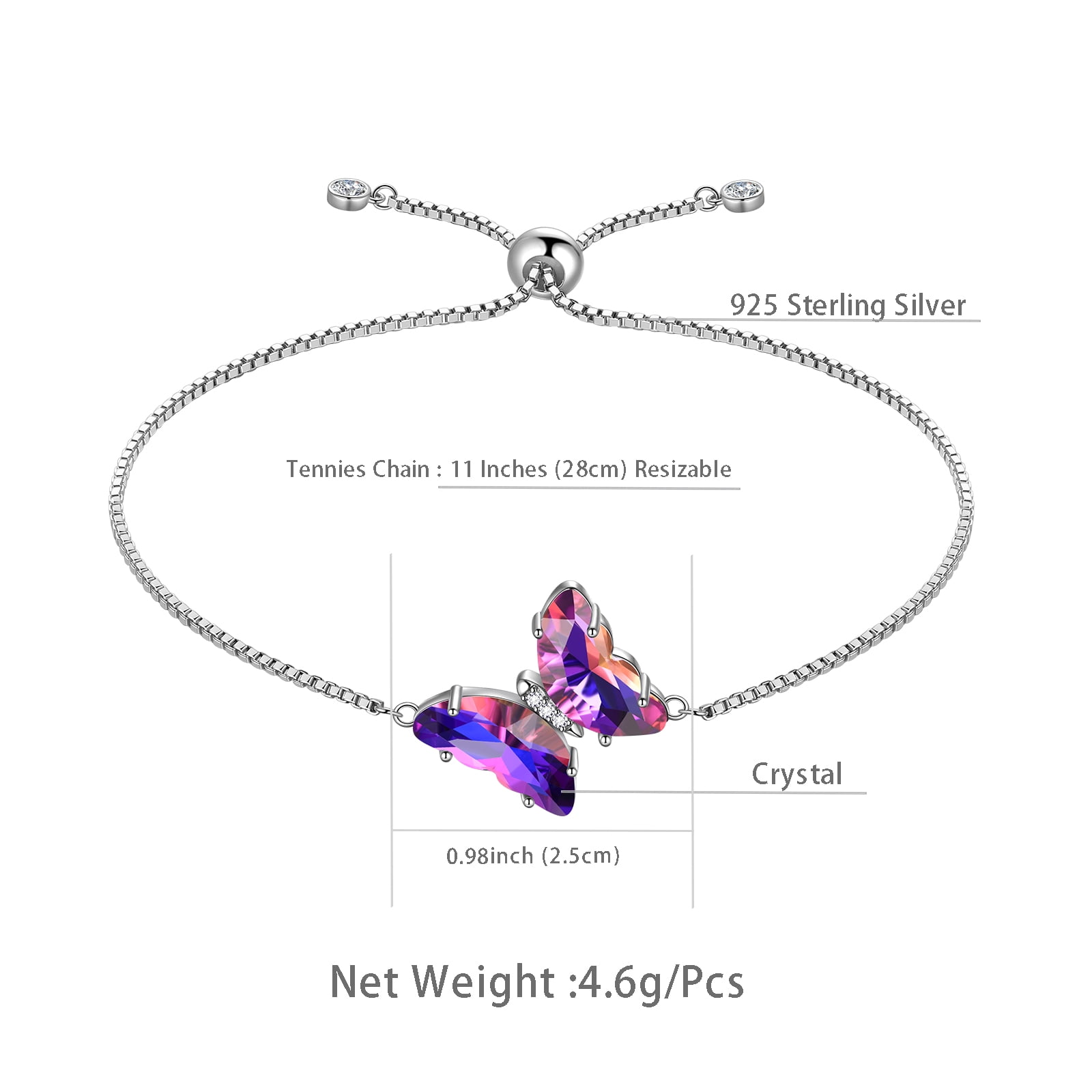 Sterling Silver Butterfly Bracelet Amethyst February Birthstone Bracelet Purple Crystal Jewelry Women Birthday Mother's Day Gifts Juwaliy