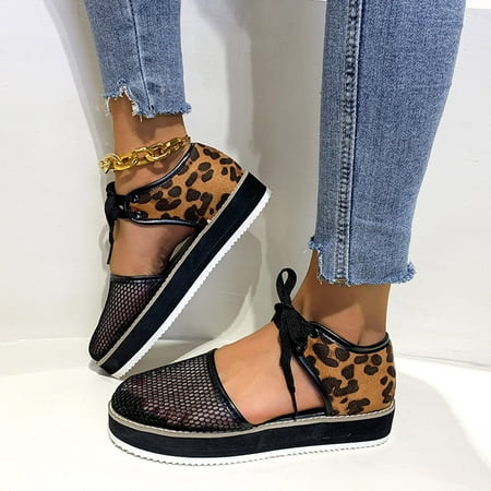 

Women Shoes Women s Casual Shoes Breathable Flats Lace-up Leopard-Print Sandals Black 9