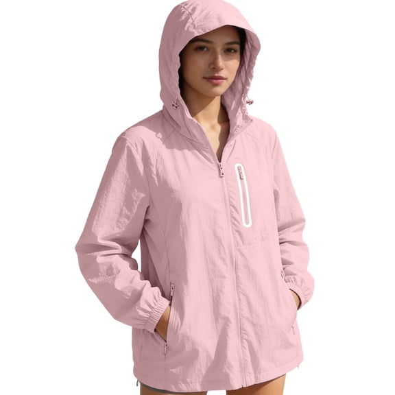 Bosfbaoi Women's Hooded Full Zip Long Sleeve Lightweight Windbreaker, Breathable Water-Resistant Elastic Cuff Outerwear, Multi-Pocket Casual Coat for Hiking Camping Daily