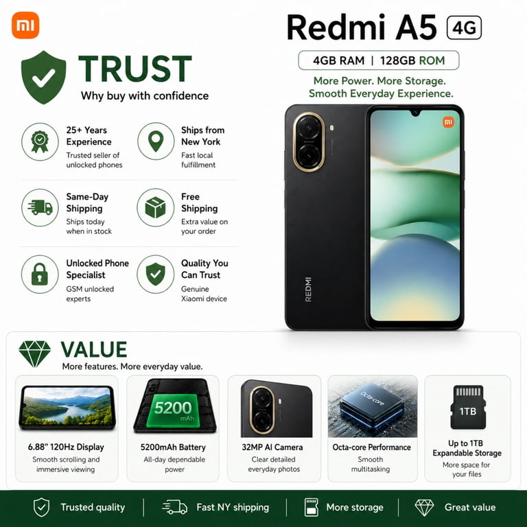 Redmi A5 4+128GB ブラック Xiaomi Redmi A5 4G 128GB ROM 4GB RAM Dual SIM GSM Unlocked - Black