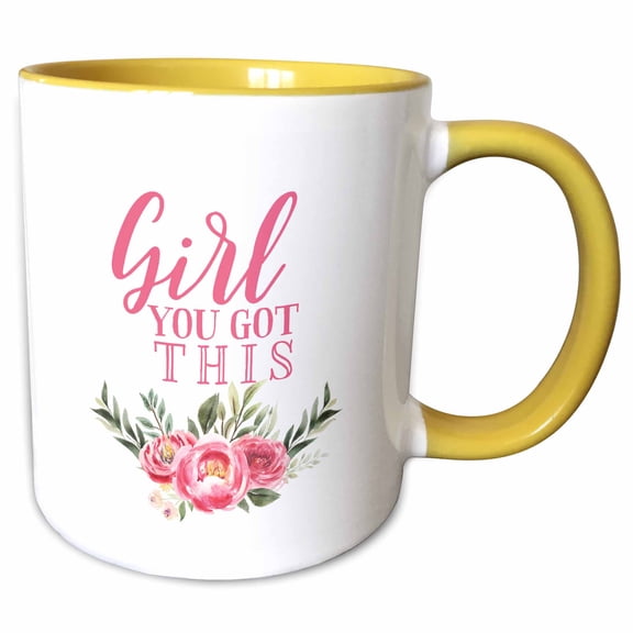 3drose, Girl You Got This - Trendy Pink Floral Chic Girl Power Motivation, 11oz Two-tone Yellow Mug