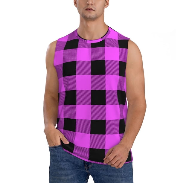 Fotbe Purple Black Buffalo Plaid Men's Camiseta sin Mangas Estampada para Hombres, Playera Casual para Gimnasio, Entrenamiento, Playa-Medium