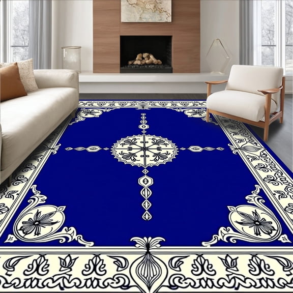 ODIKA 4'x6' Machine Washable Non-Slip Area Rug, Elegant Floral Medallion Heritage Bordered Vintage High Traffic Rug, Blue, 426279