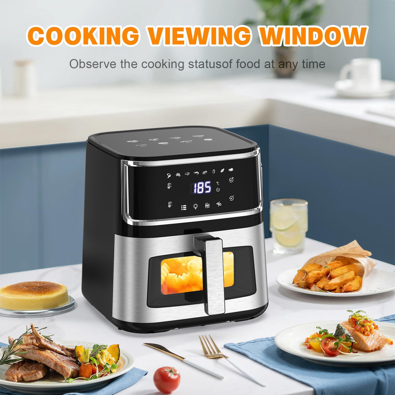 Yilush Multifunctional Digital Air Fryer+ Rotisserie, Dehydrator, Convection Oven, 17 Touch Screen Presets Fry, Roast, Dehydrate, Bake, XL 7L Family Size, Auto Shutoff, Large Easy-View Window, Black