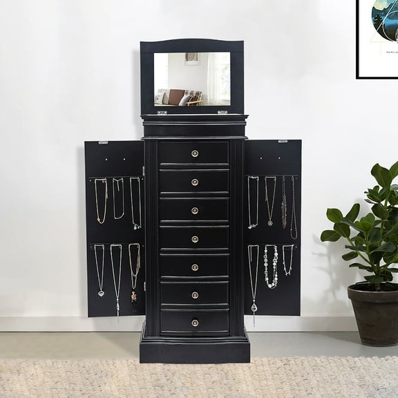 Jewelry Armoire with Mirror, 7 Drawers & 24 Necklace Hooks, 2 Side Swing Doors (Black)