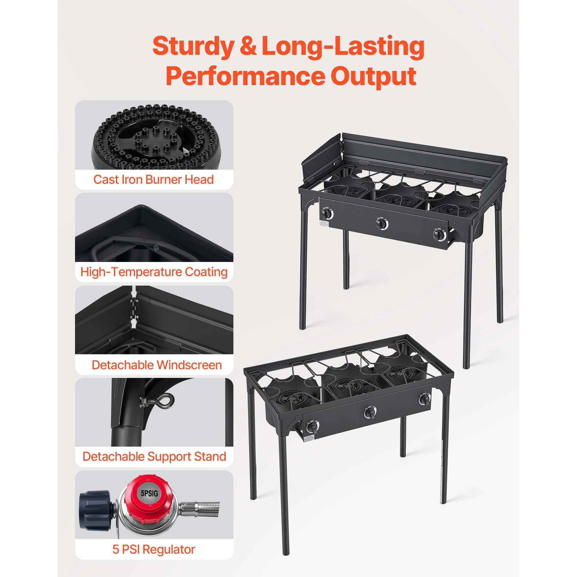 KFFKFF 3-Burner Outdoor Propane Gas Stove, 225,000 BTU LPG Camping Cooker, Durable Carbon Steel Design with Shield, Tall Stand, and Regulator, Ideal for BBQs, Camping, Patios, and Backyards