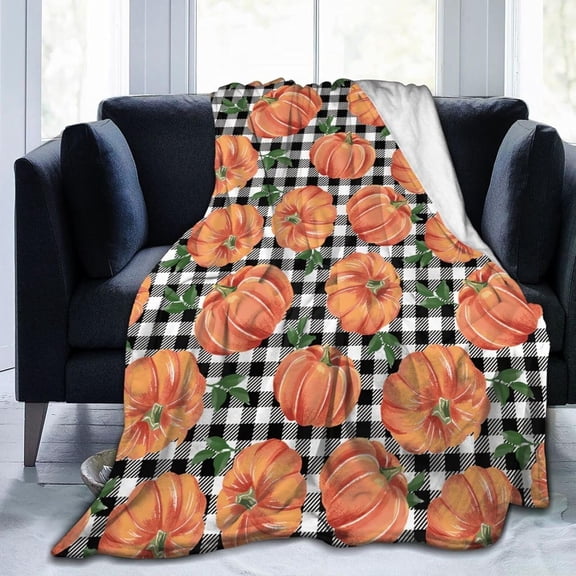 Autumn Pumpkins with Black and White Gingham Throw Blanket Super Soft Lightweight Thanksgiving Day Flannel Blanket for Sofa Couch Bed,Ultra Warm Cozy Blankets for All Seasons 60"X50"