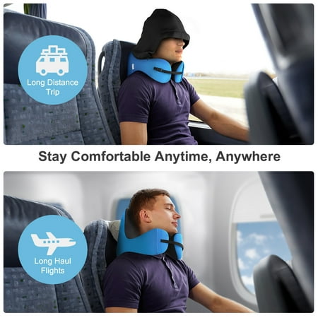 6-in-1 Long Haul Astronaut Memory Foam Travel Pillow with Detachable Hood Adjustable Neck Size for All Ages Side Elastic Pocket Neck Travel Cushion for Plane Train Car Bus