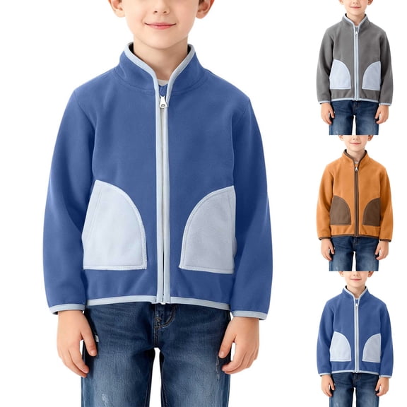 Xdegoge Fleece Lined Jacket for Boys Full Zip Stand Collar Jackets Casual Lightweight Sport Coat Fashion Fall Winter Warm Color Block Outerwear with Pockets Size 2-12