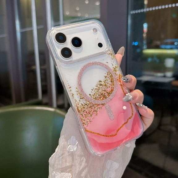 Magnetic for iPhone 17 Pro Case, Gold Foil Drip Glitter Ultra Slim Phone Case [Compatible with Mag-Safe] Shockproof Anti-fall Sparkly Cute Women Girl Protective Cover Case,Pink