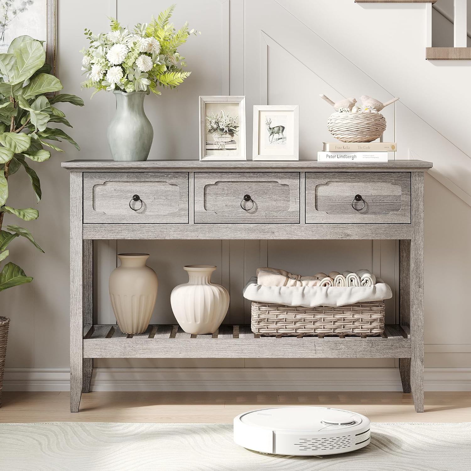 VEANERWOOD Farmhouse Entryway Table with 3 Drawers, 2-Tier Console Table with Storage for Entryway Living Room